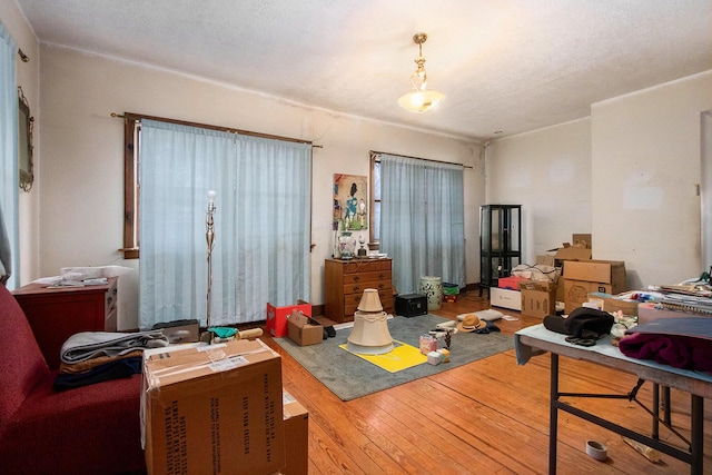 misc room with wood-type flooring and a textured ceiling