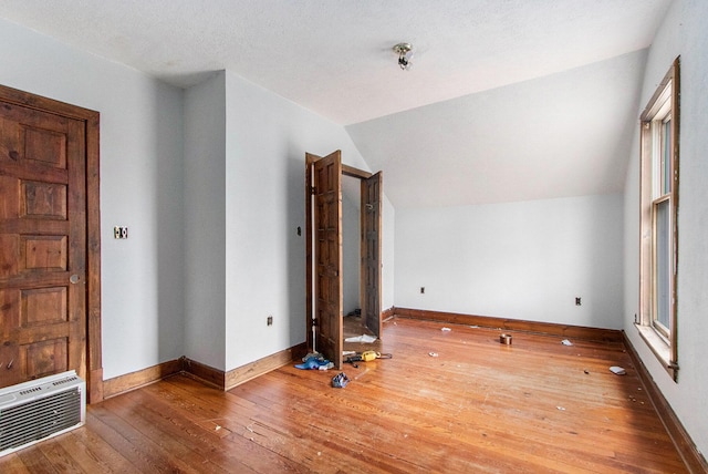 interior space featuring wood-type flooring, a textured ceiling, and lofted ceiling