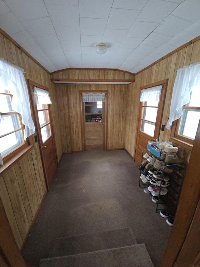 interior space featuring carpet flooring, wood walls, and lofted ceiling