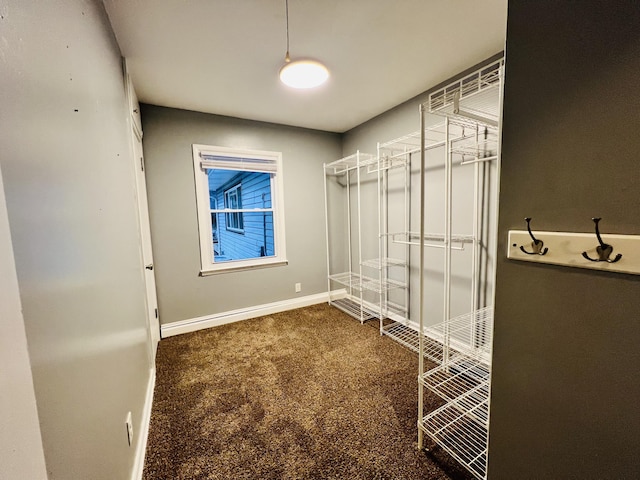 walk in closet featuring dark carpet