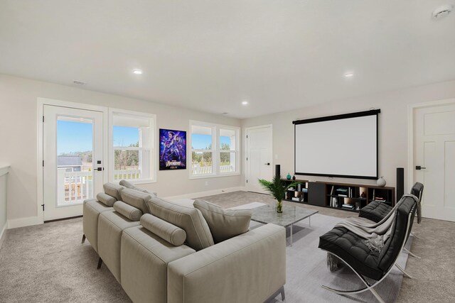 cinema room with light colored carpet