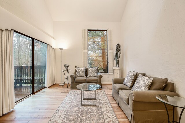living area with light wood-style flooring and high vaulted ceiling