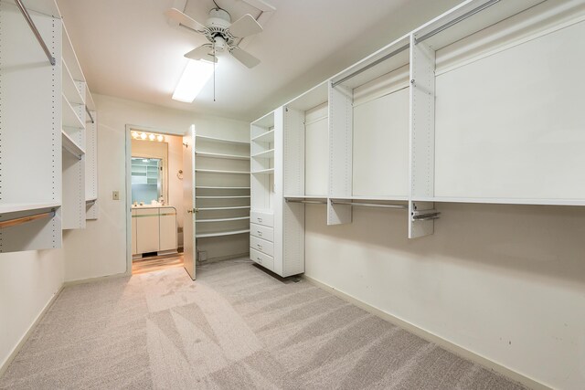 spacious closet featuring light colored carpet and ceiling fan