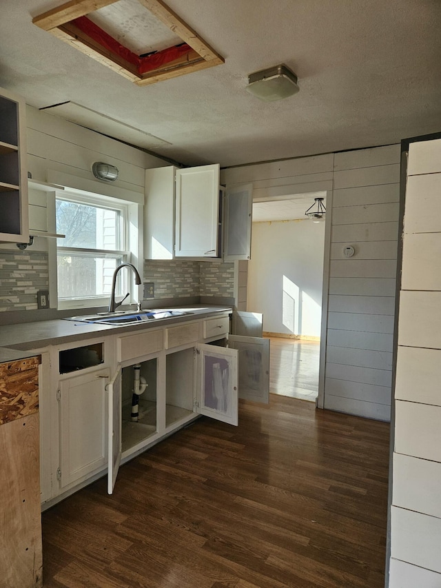 kitchen with wood walls, backsplash, dark wood-type flooring, and sink