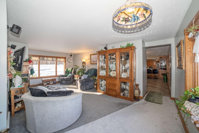 carpeted living room featuring a textured ceiling