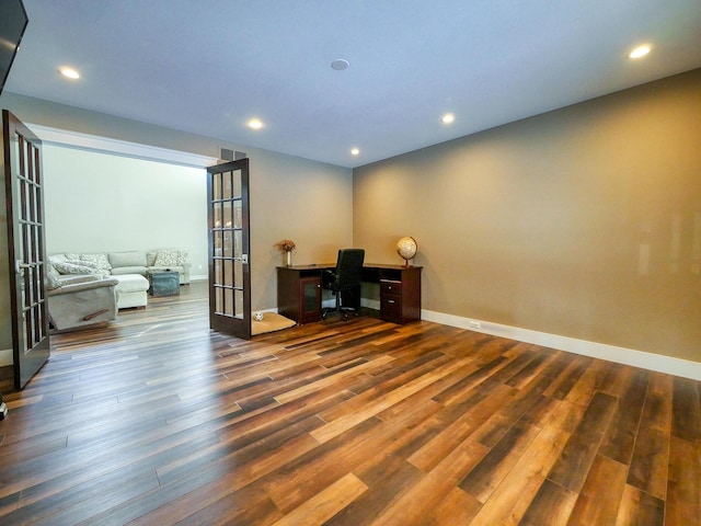 office area with french doors and dark wood-type flooring