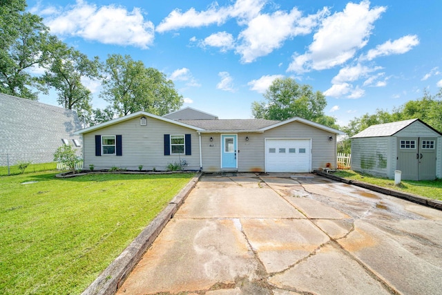 ranch-style home with a front lawn, a shed, and a garage