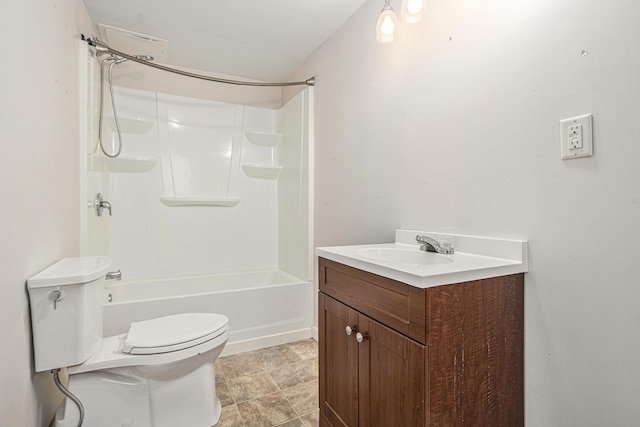 full bathroom with shower / bathing tub combination, vanity, and toilet