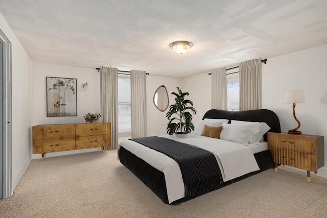 carpeted bedroom with a textured ceiling