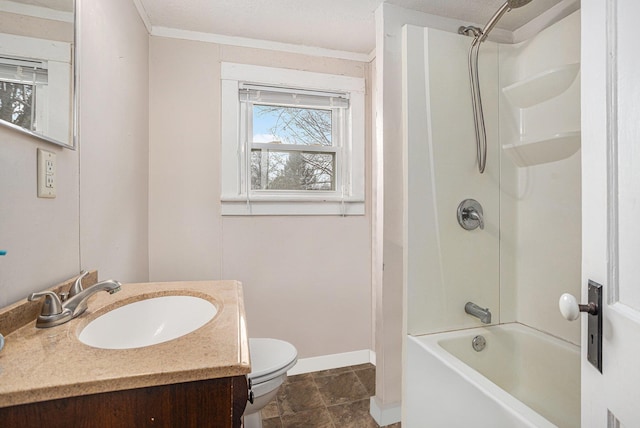 full bathroom featuring vanity, toilet, ornamental molding, a textured ceiling, and shower / bathtub combination