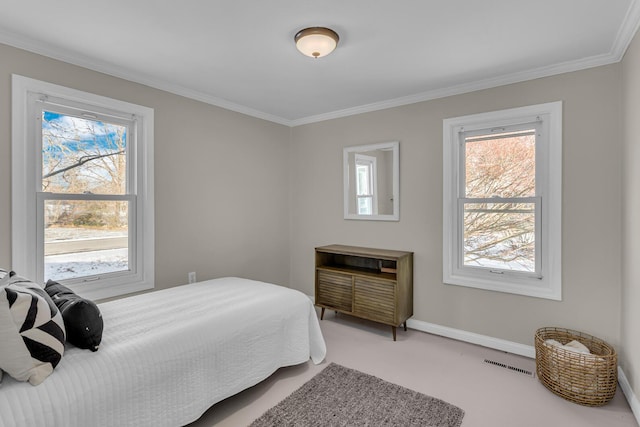 carpeted bedroom featuring ornamental molding