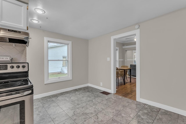 kitchen with tasteful backsplash, crown molding, extractor fan, stainless steel electric range, and white cabinets