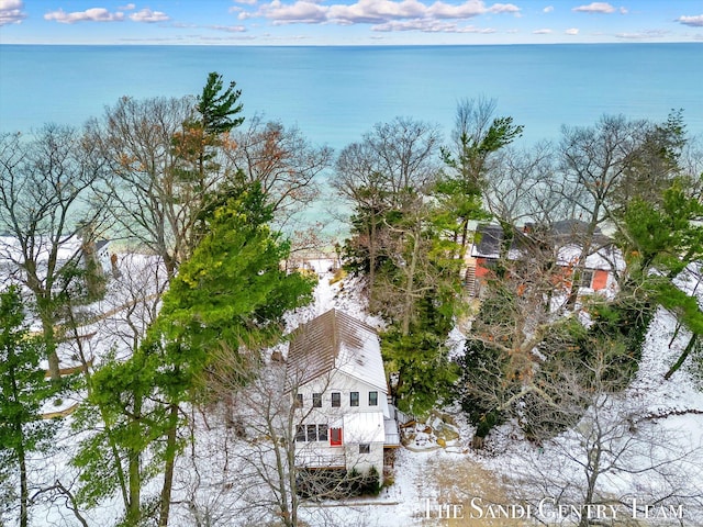 bird's eye view with a water view