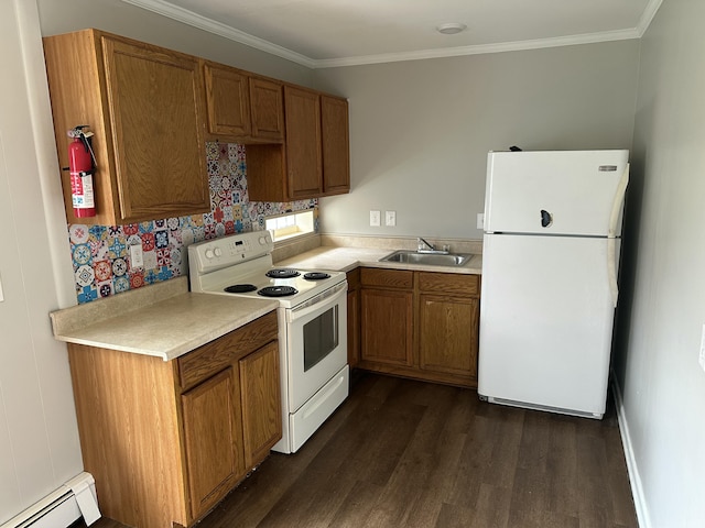 kitchen with dark hardwood / wood-style floors, white appliances, crown molding, and a baseboard radiator