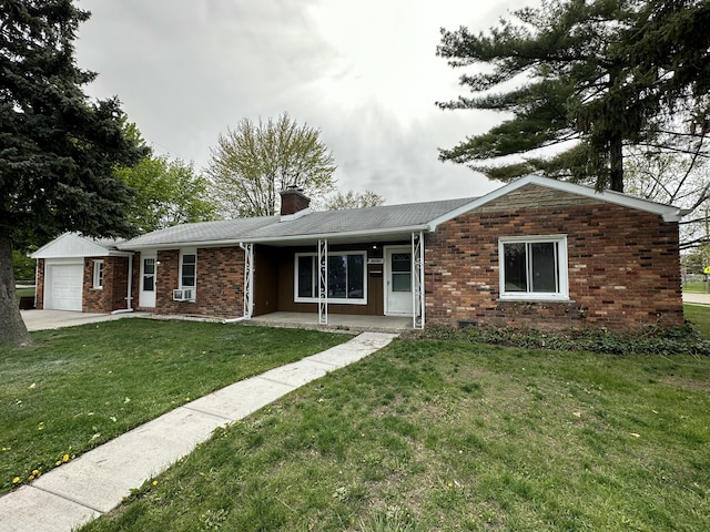 ranch-style house featuring a porch, a garage, and a front lawn