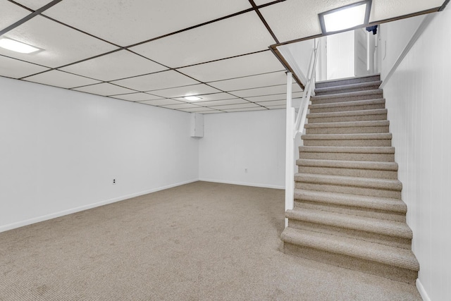 basement with carpet flooring and a paneled ceiling