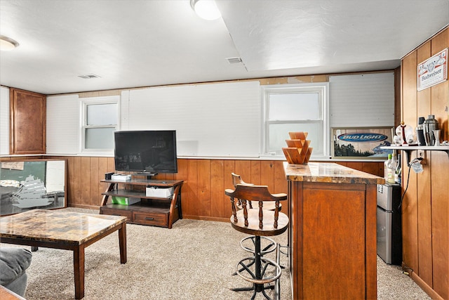 carpeted living room with wood walls