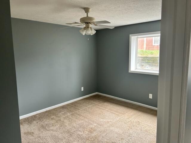 spare room with ceiling fan, carpet, and a textured ceiling