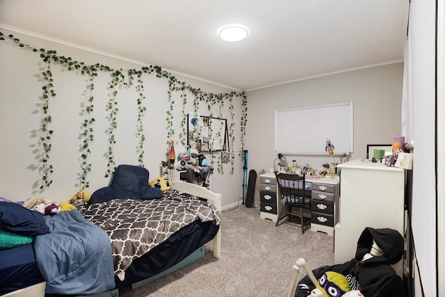 carpeted bedroom with crown molding