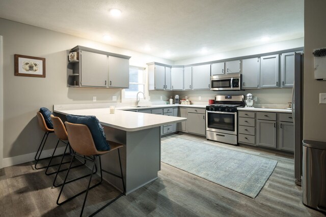 kitchen with kitchen peninsula, a kitchen breakfast bar, stainless steel appliances, sink, and wood-type flooring