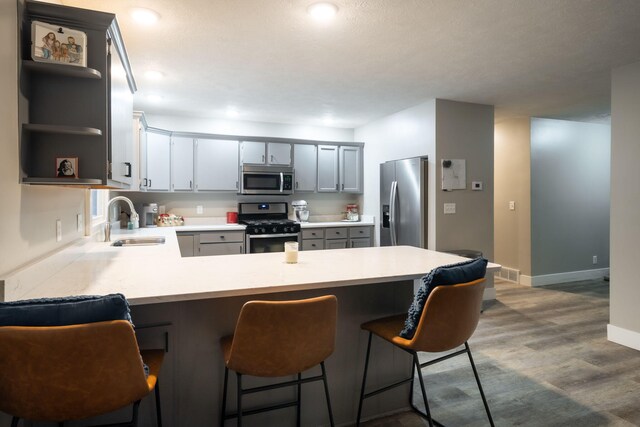 kitchen with sink, stainless steel appliances, dark hardwood / wood-style flooring, kitchen peninsula, and gray cabinets