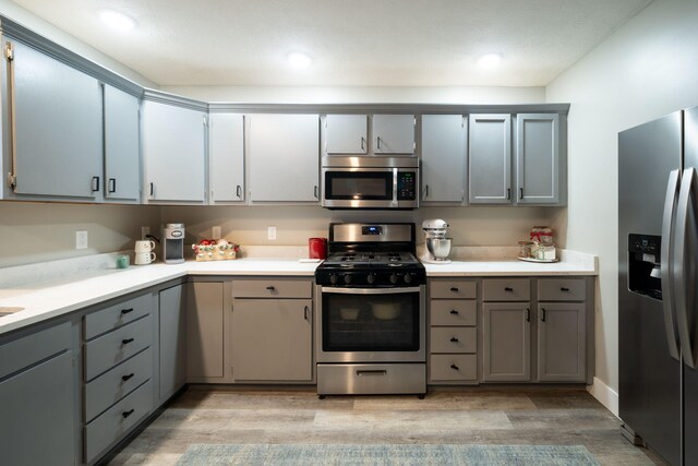 kitchen featuring gray cabinets, light hardwood / wood-style floors, and appliances with stainless steel finishes