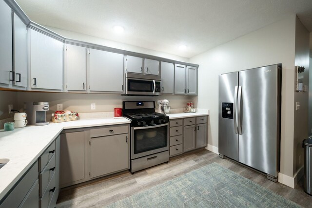 kitchen with gray cabinets, light wood-type flooring, and stainless steel appliances