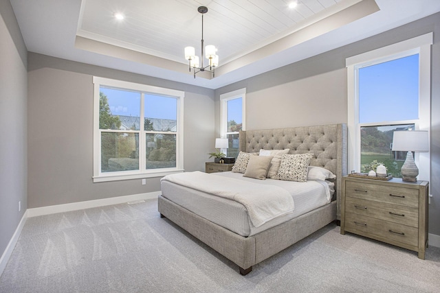 bedroom with a raised ceiling, wooden ceiling, light colored carpet, and a notable chandelier