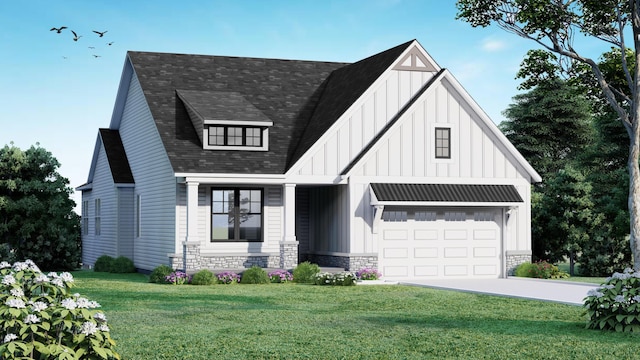 view of front of home with a front lawn and a garage