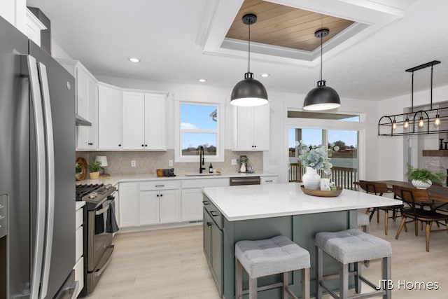 kitchen featuring a tray ceiling, tasteful backsplash, appliances with stainless steel finishes, white cabinets, and a sink