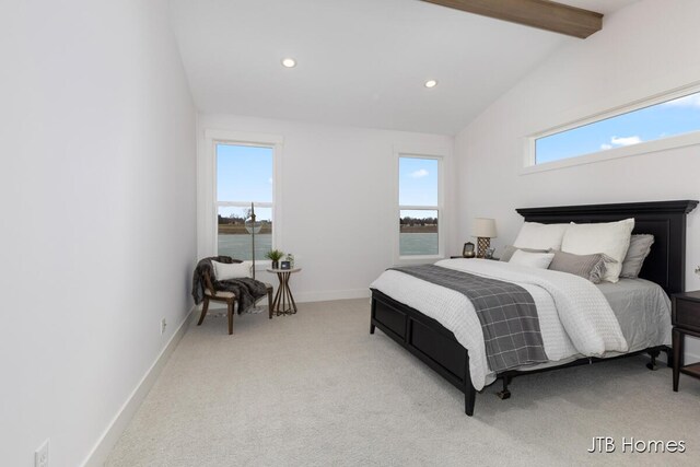 bedroom featuring vaulted ceiling with beams, recessed lighting, carpet flooring, and baseboards