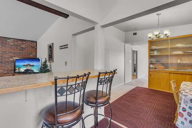 interior space featuring a chandelier, lofted ceiling with beams, and decorative light fixtures