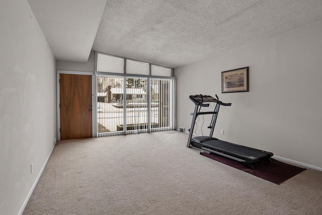 exercise room featuring carpet and a textured ceiling