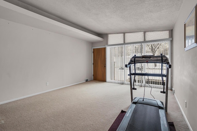 exercise area with carpet floors and a textured ceiling