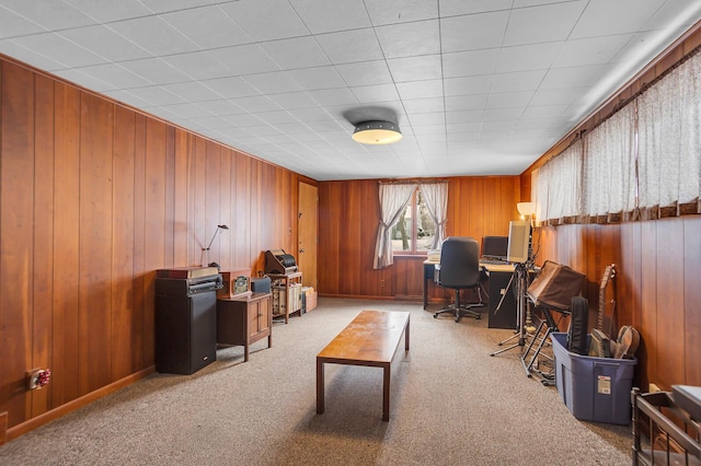 office area featuring wooden walls and light colored carpet