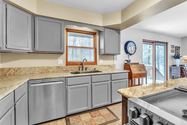 kitchen featuring sink, stainless steel appliances, and gray cabinetry