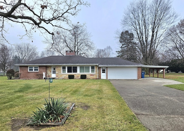 ranch-style house featuring a front lawn and a carport