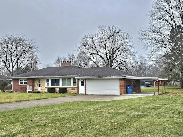 ranch-style house featuring a carport, a front yard, and a garage