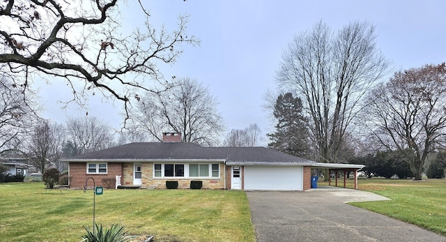 ranch-style house featuring a front yard and a carport