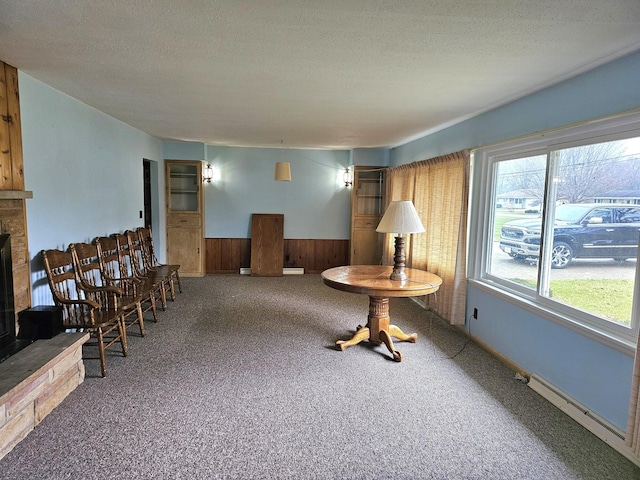 sitting room featuring carpet, a textured ceiling, and wood walls