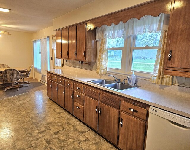 kitchen with dishwasher, ceiling fan, and sink