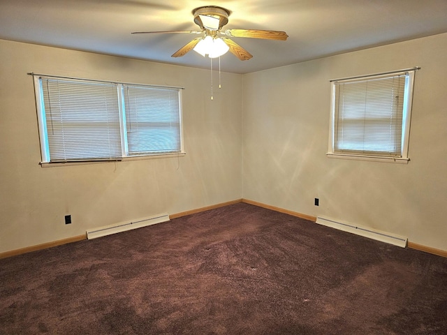 unfurnished room featuring carpet flooring, a baseboard radiator, and ceiling fan