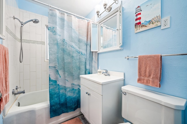 full bathroom with vanity, toilet, and shower / bath combo with shower curtain