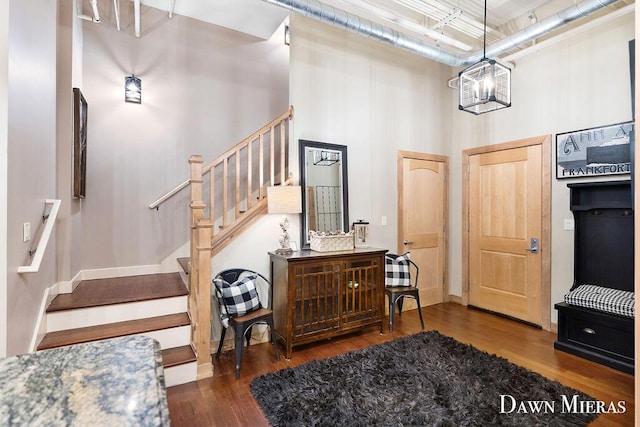 foyer featuring dark hardwood / wood-style flooring and a towering ceiling