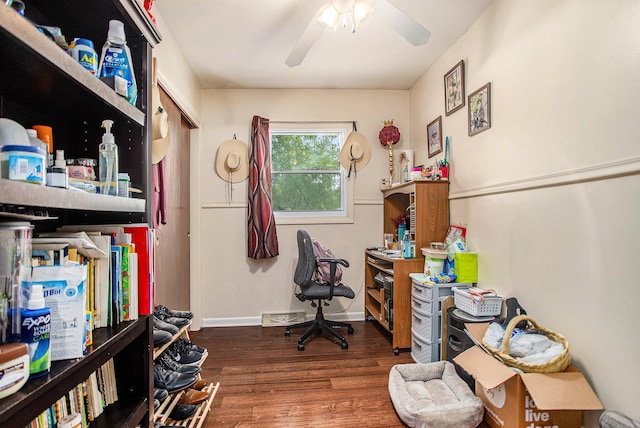 office featuring ceiling fan and dark hardwood / wood-style flooring