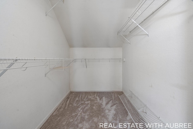 spacious closet featuring carpet floors and lofted ceiling