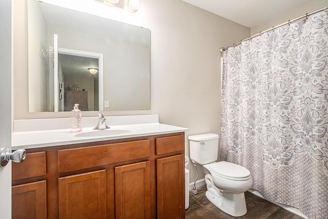 bathroom featuring vanity, wood-type flooring, and toilet