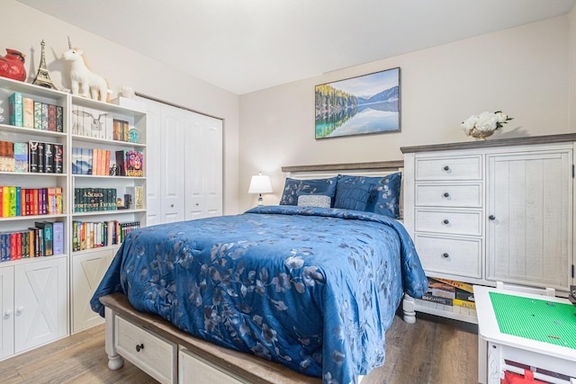 bedroom with hardwood / wood-style flooring and a closet