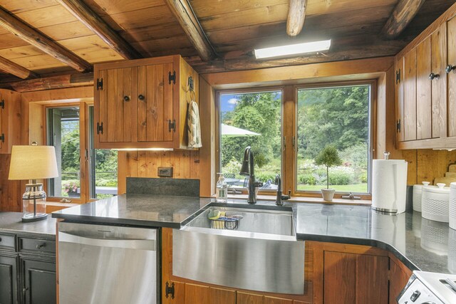 kitchen featuring stainless steel dishwasher, plenty of natural light, and wooden walls