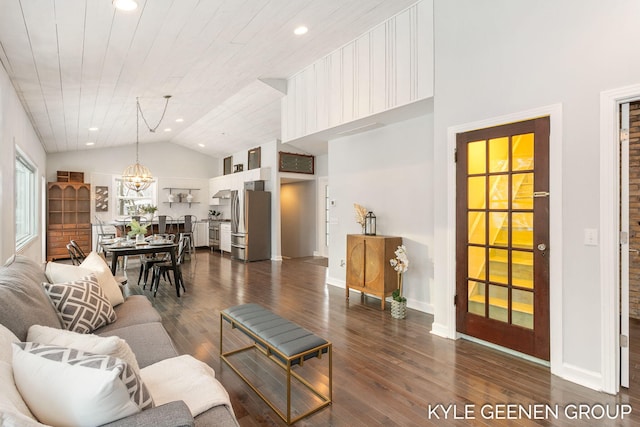 living room with dark hardwood / wood-style flooring, wood ceiling, vaulted ceiling, and a notable chandelier